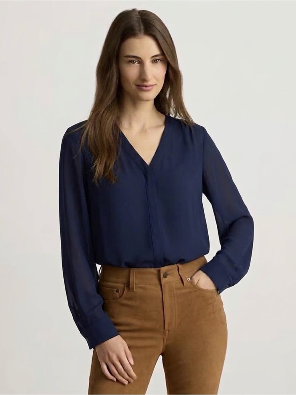RALPH LAUREN Women's Silky V-Neck Long Sleeve Blouse - Navy Blue, XS